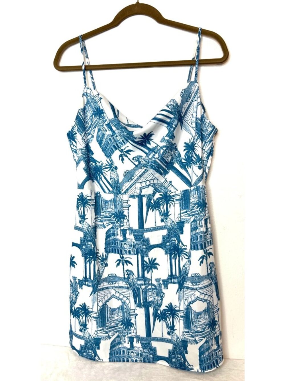 Forever 21 Slip Dress L Tropical Toile Parrots Macaw Cockatoo Coastal Cabo Maya